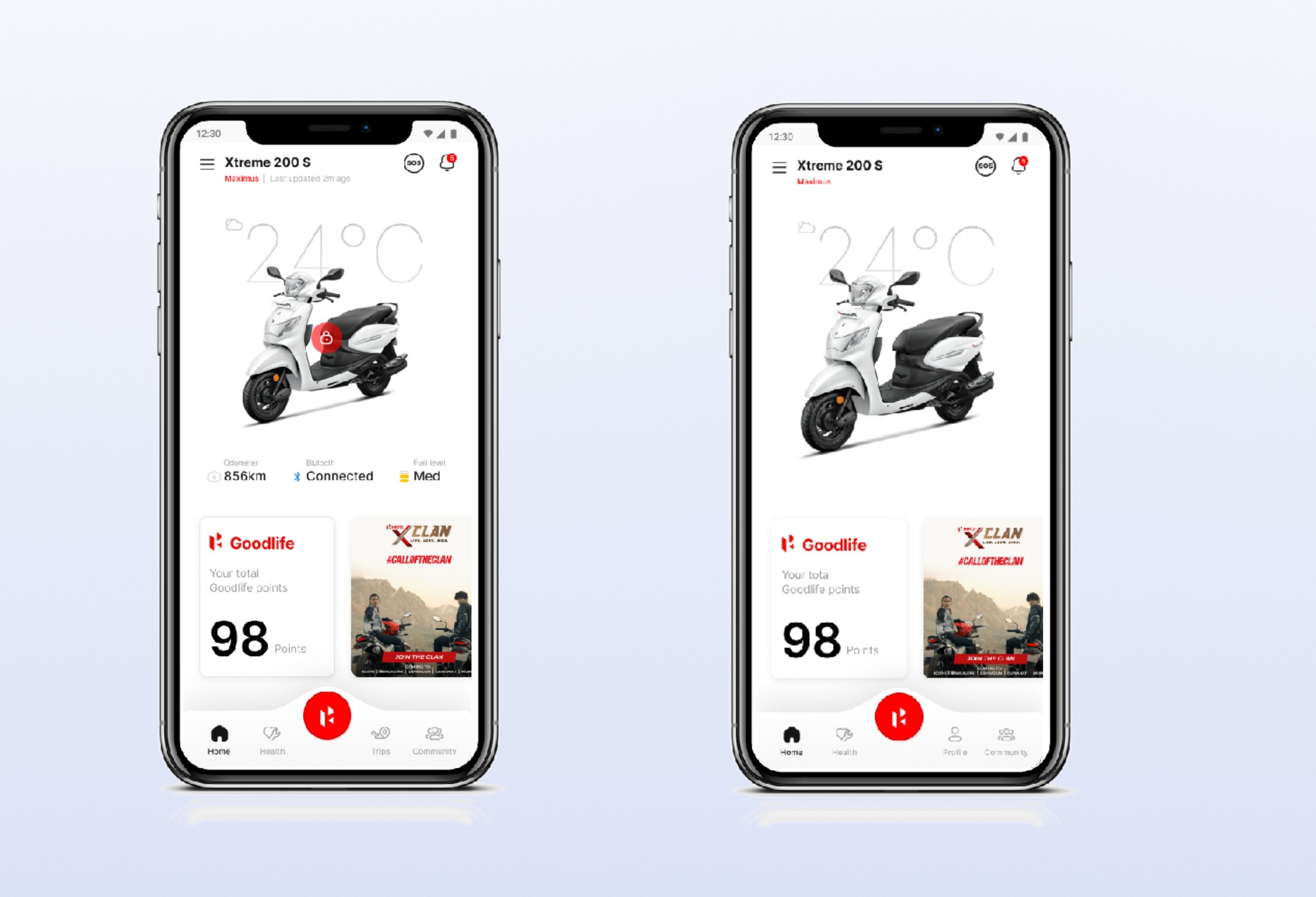 Two phone mockups side by side — the same home screen rendered with Bluetooth Connected status, live odometer, and live fuel level on the left, and with greyed-out telematics fields on the right. Both phones show the same Goodlife loyalty card and Xclan community card.