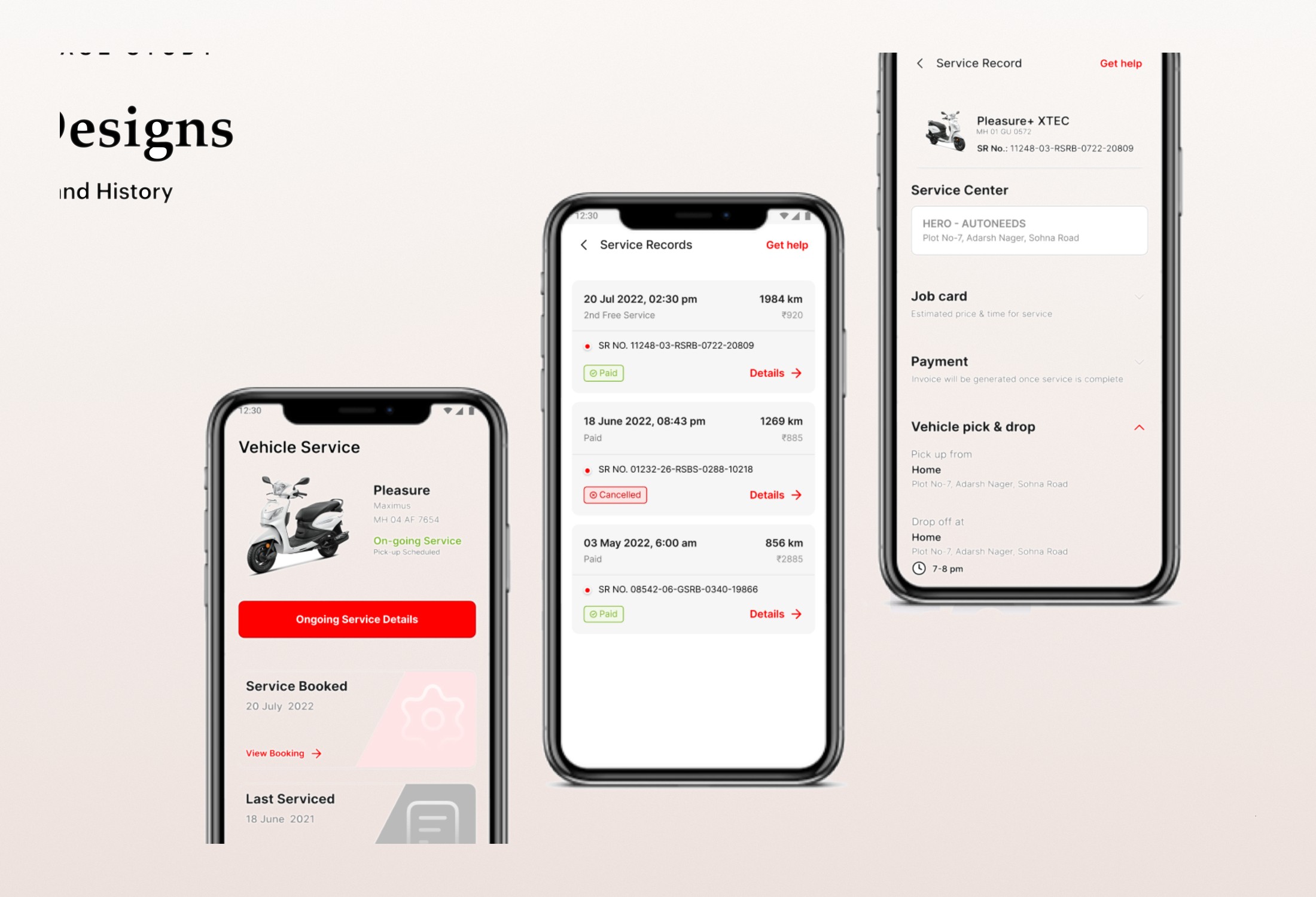 Three phone screens for the Service Records flow — Vehicle Service summary with on-going service status; Service Records list with paid and cancelled entries; Service Record detail showing Job card, Payment, and Vehicle pick & drop with pickup and drop-off addresses.